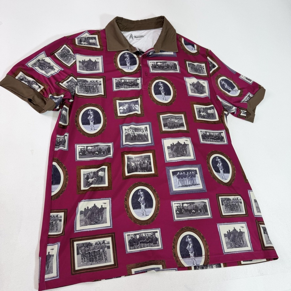 Royal‎ & Awesome Polo Shirt Mens XL Magenta Golf Allover Photo Frame Graphic